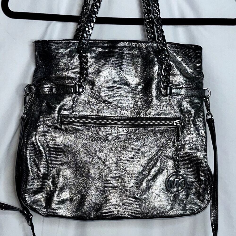 Michael Kors Silver Lacey Fold Over Tote with MK Charm Chain Handles